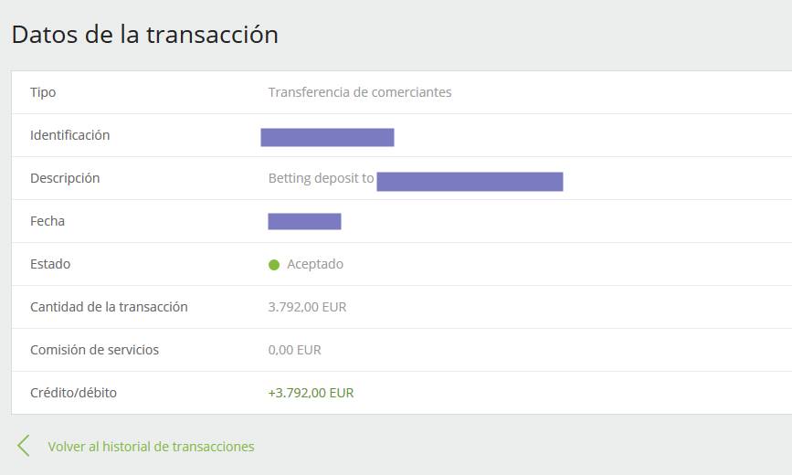 historial de transacciones de vuelta